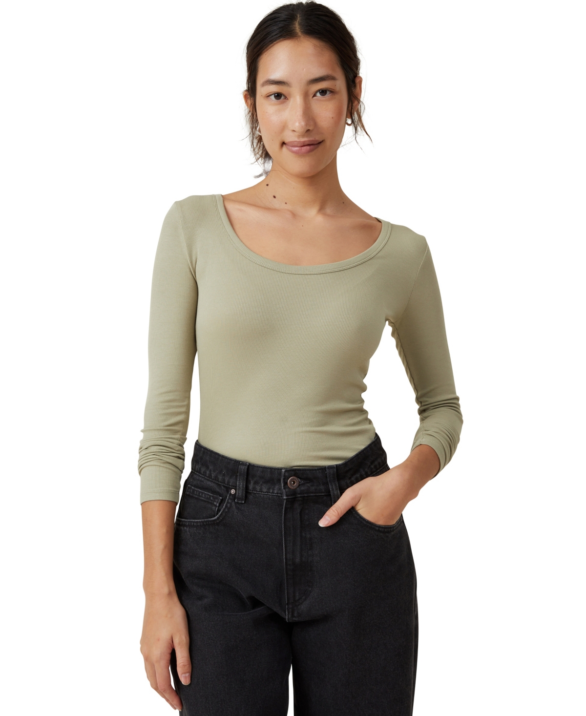 Shop Cotton On Women's Staple Rib Scoop Neck Long Sleeve Top In Sage