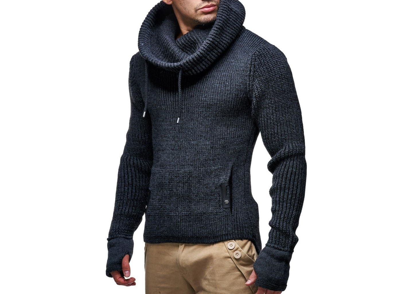 Мужской свитер Leif Nelson Cowl Neck Knitted Pullover with Thumbhole Cuffs, цвет: Антрацитовый — фото 1