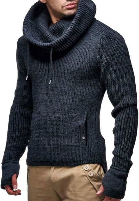 Мужской свитер Leif Nelson Cowl Neck Knitted Pullover with Thumbhole Cuffs, цвет: Антрацитовый