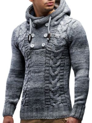 Men's Knit Hoodie Sweater with Button Accents – Cable Knit Design