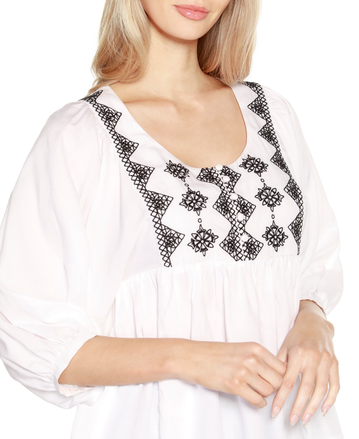 Shop Belldini Black Label Embroidered Boho Fit-and-flare Top In Blk,wht