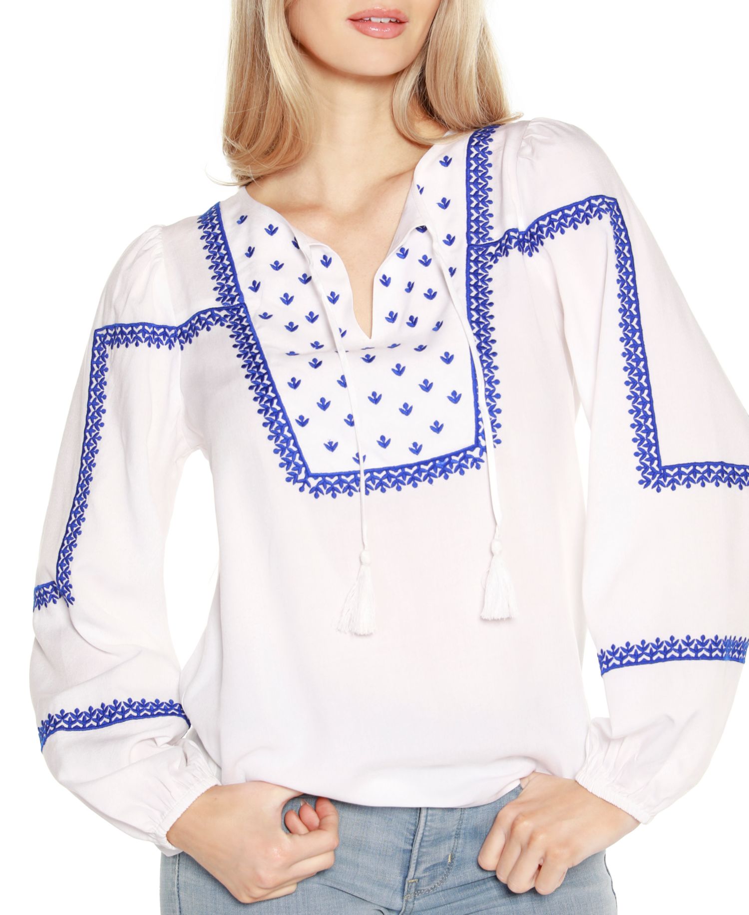 Black Label Embroidered Blouson Tie Neck Top