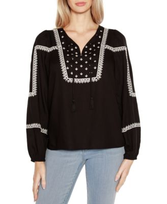 Black Label Embroidered Blouson Tie Neck Top