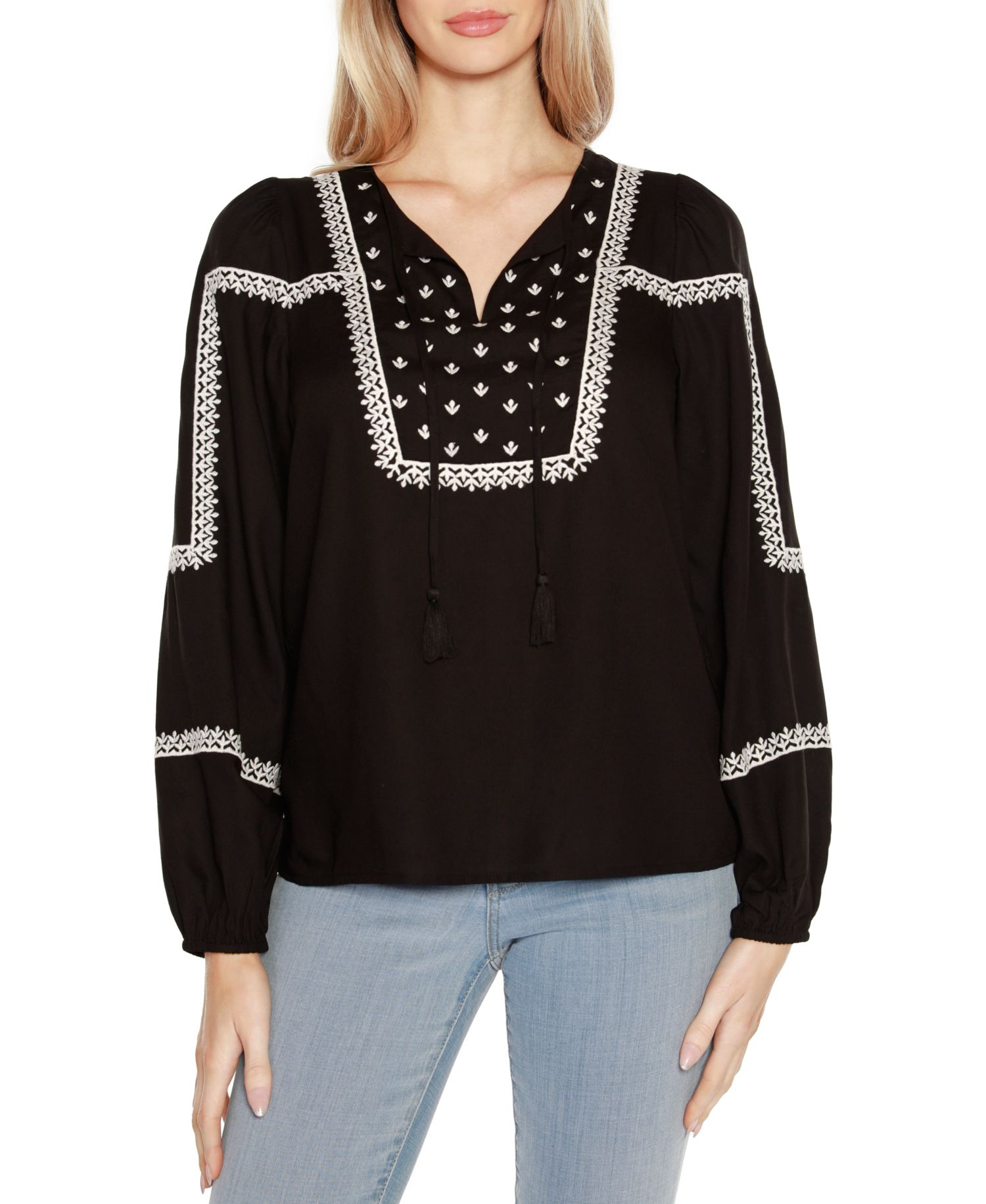 Black Label Embroidered Blouson Tie Neck Top