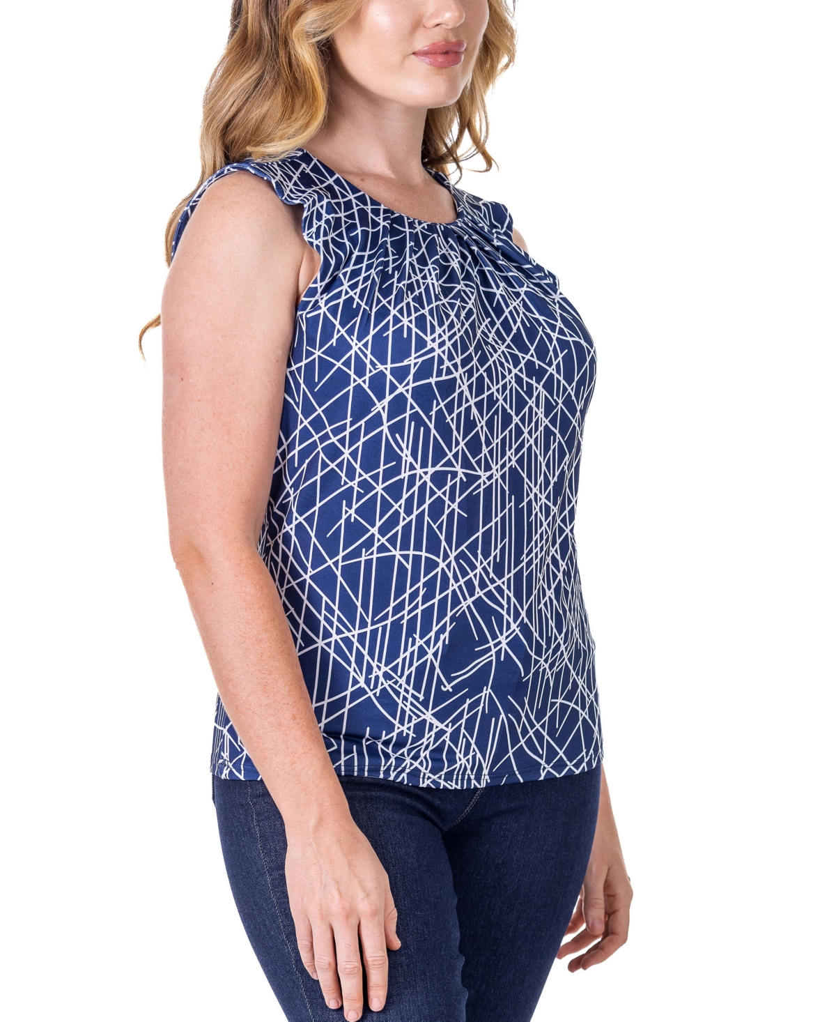 24seven Comfort Apparel Petites Navy Print Pleated Crew Neckline Back Closure Sleeveless Top In Miscellane