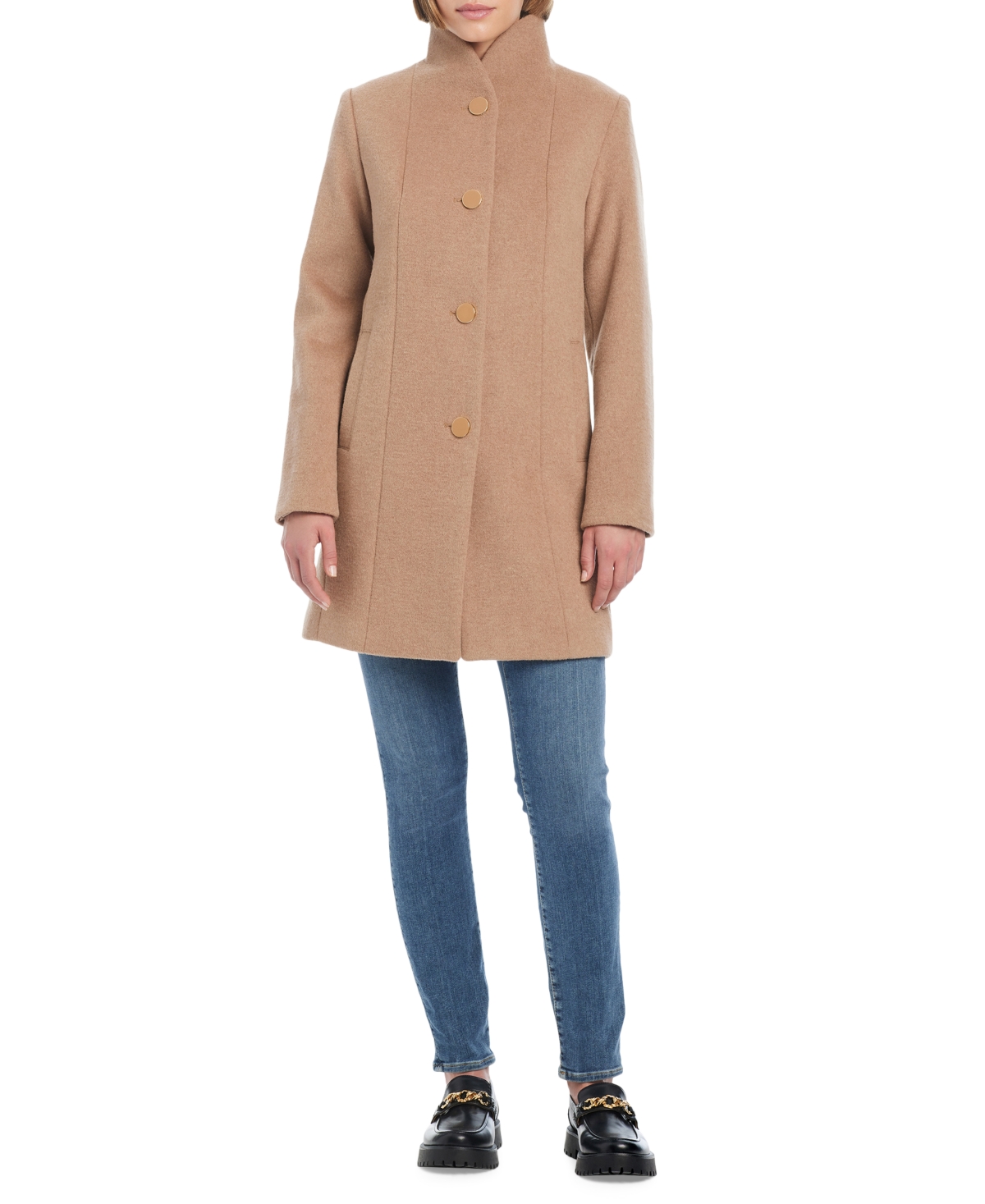 Women's Single-Breasted Stand-Collar Coat - Camel