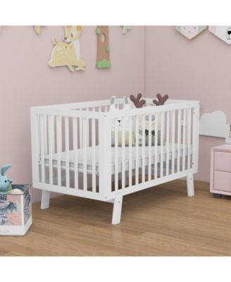 Rubber Wood Baby Crib with Adjustable Mattress Heights and Guardrails-White