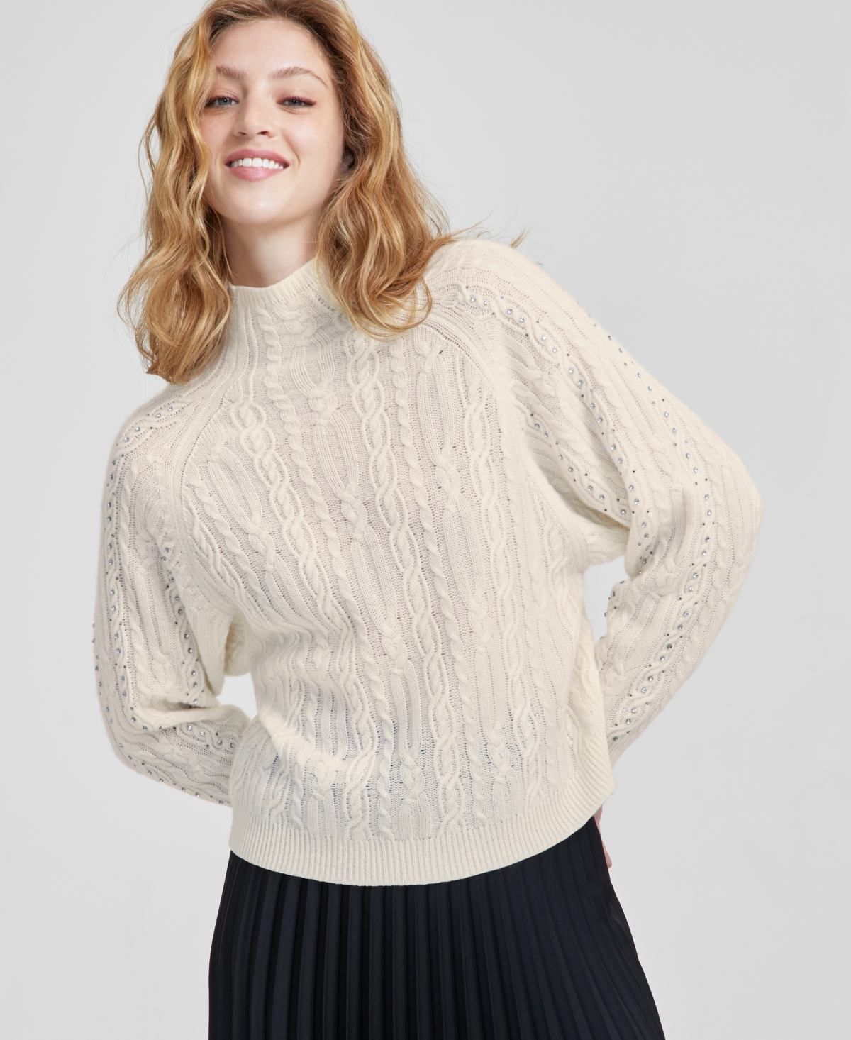 Charter Club Women's Cashmere Embellished Dolman-Sleeve Cable-Knit Sweater, Regular & Petite, Created for Macy's