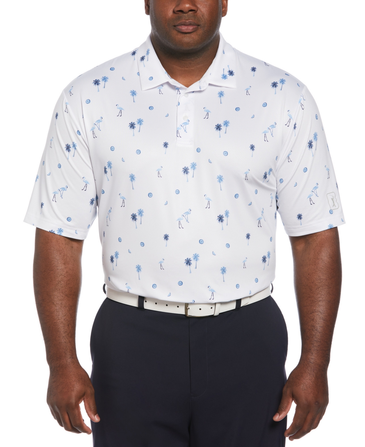 Shop Pga Tour Men's Short Sleeve Flamingo & Palm Print Polo Shirt In Bright Whi