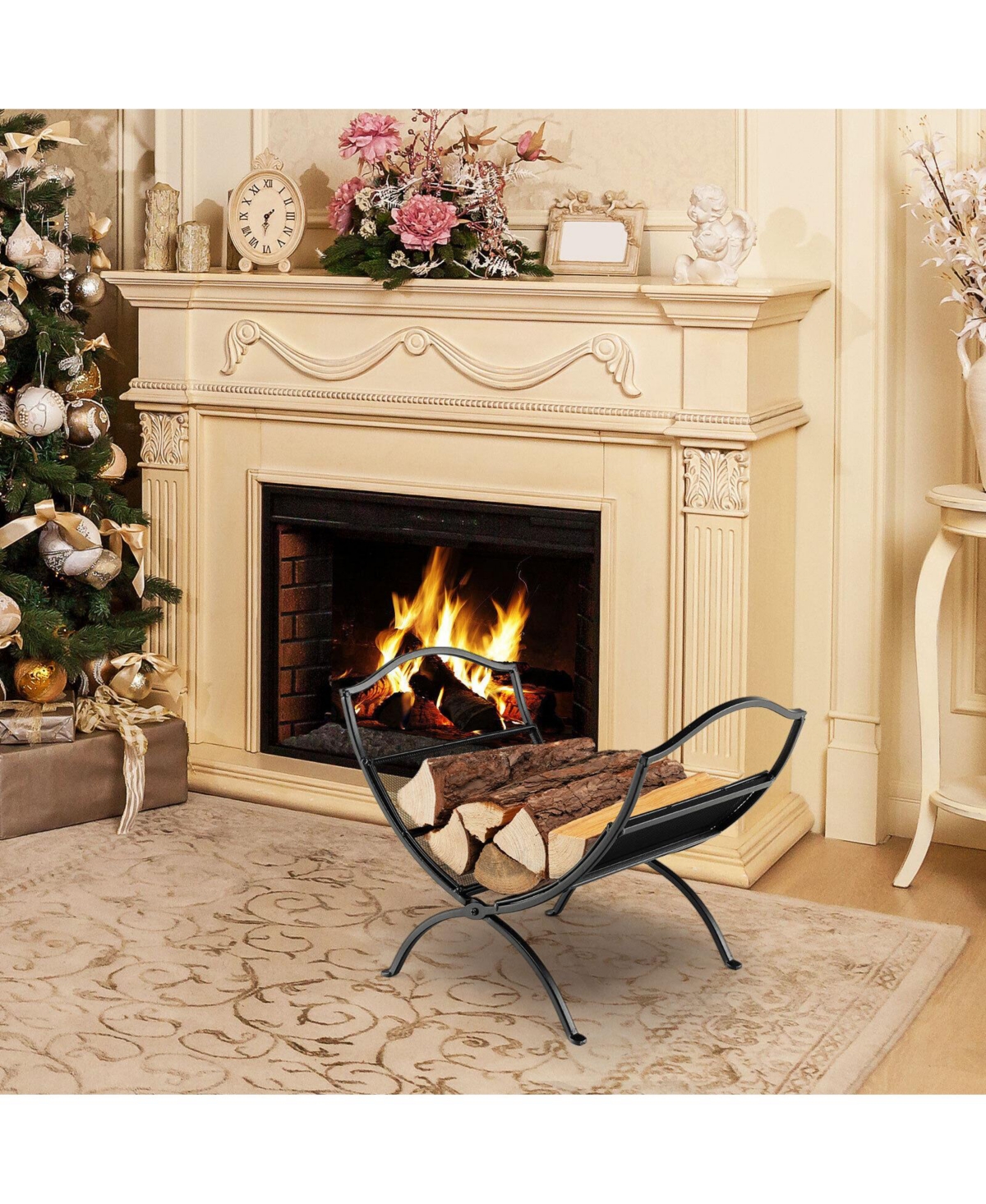 Slickblue Inch Folding Fireplace Log Rack with Convenient Handle- Black