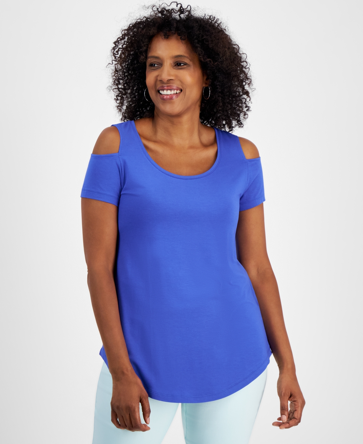 Women's Short Sleeve Scoop-Neck Cold-Shoulder Top, Created for Macy's - Demure Blue