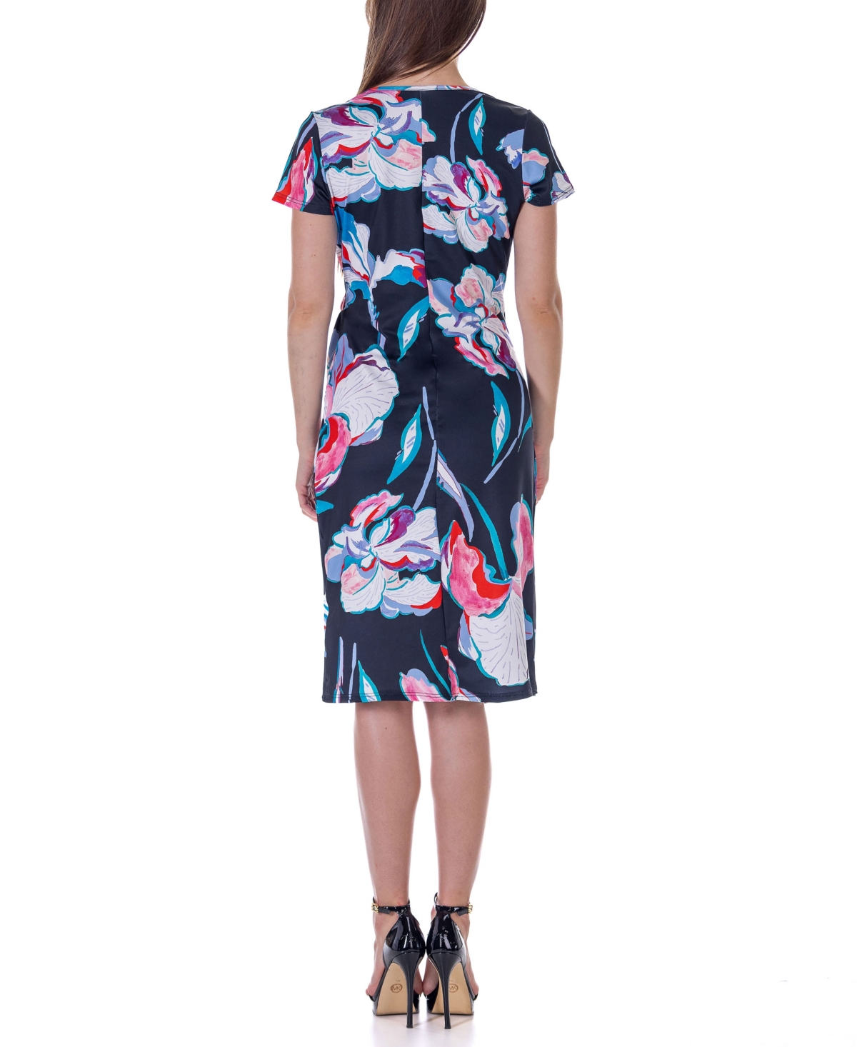 Shop 24seven Comfort Apparel Print Knee Length Short Sleeve Faux Wrap Dress In Miscellane