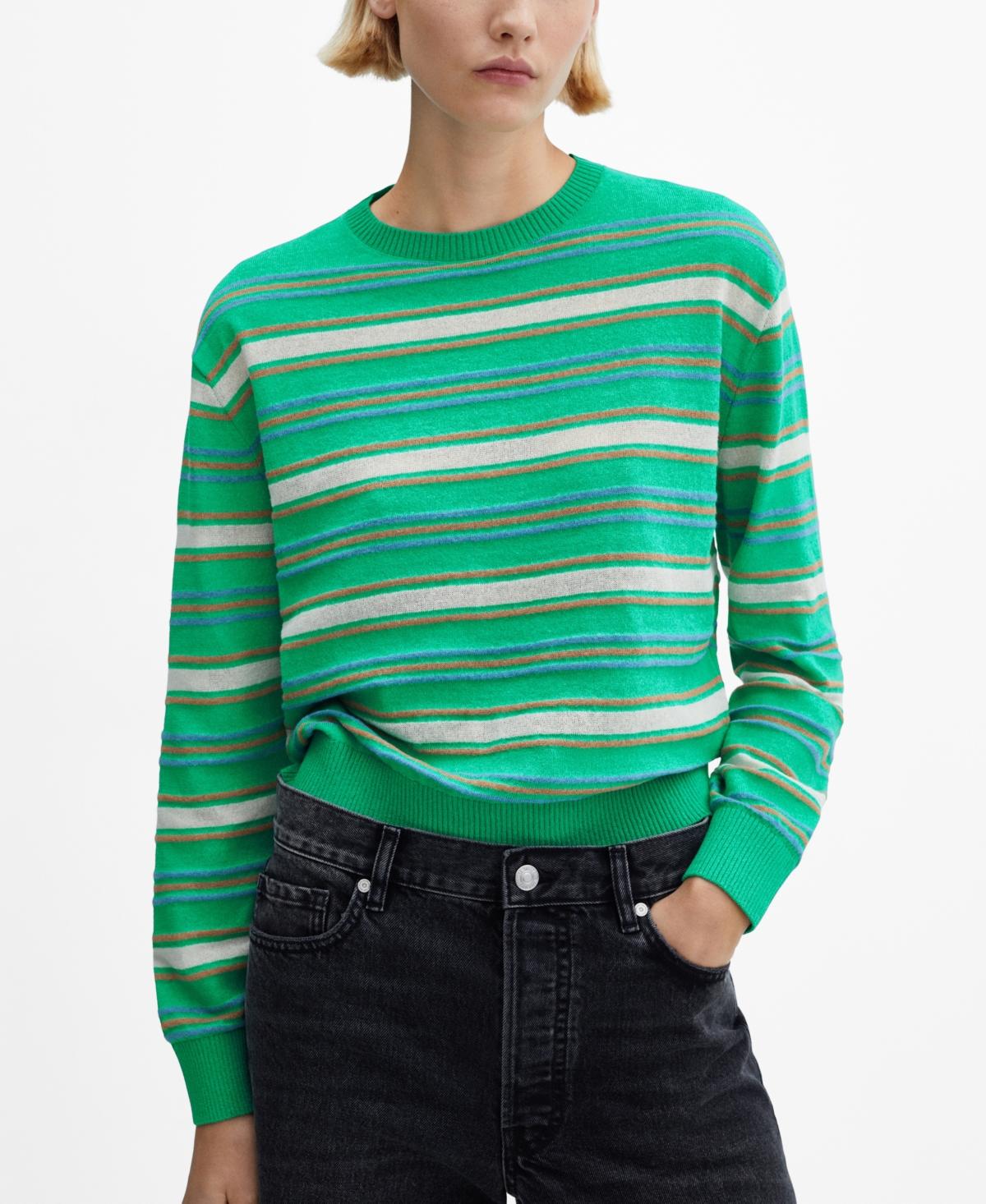 Women's Round-Neck Striped Sweater - Green