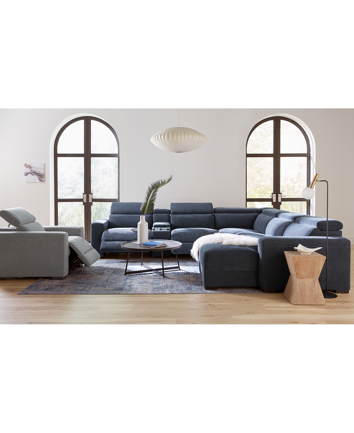MACY'S NEVIO 5-PC. FABRIC POWER HEADREST SECTIONAL AND CHAISE WITH 2 POWER MOTION CHAIRS 
