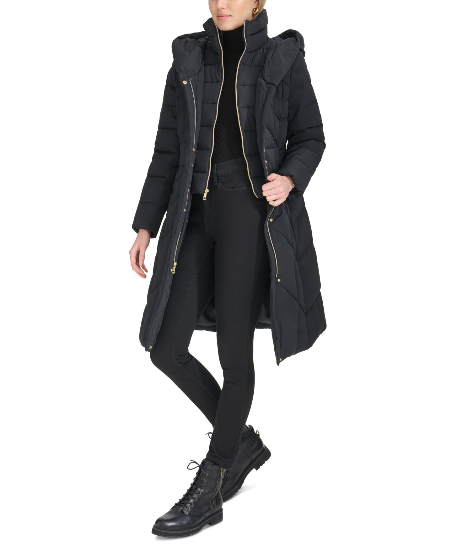 Женская куртка Cole Haan Bibbed Hooded Puffer, цвет: Чёрный — фото 4