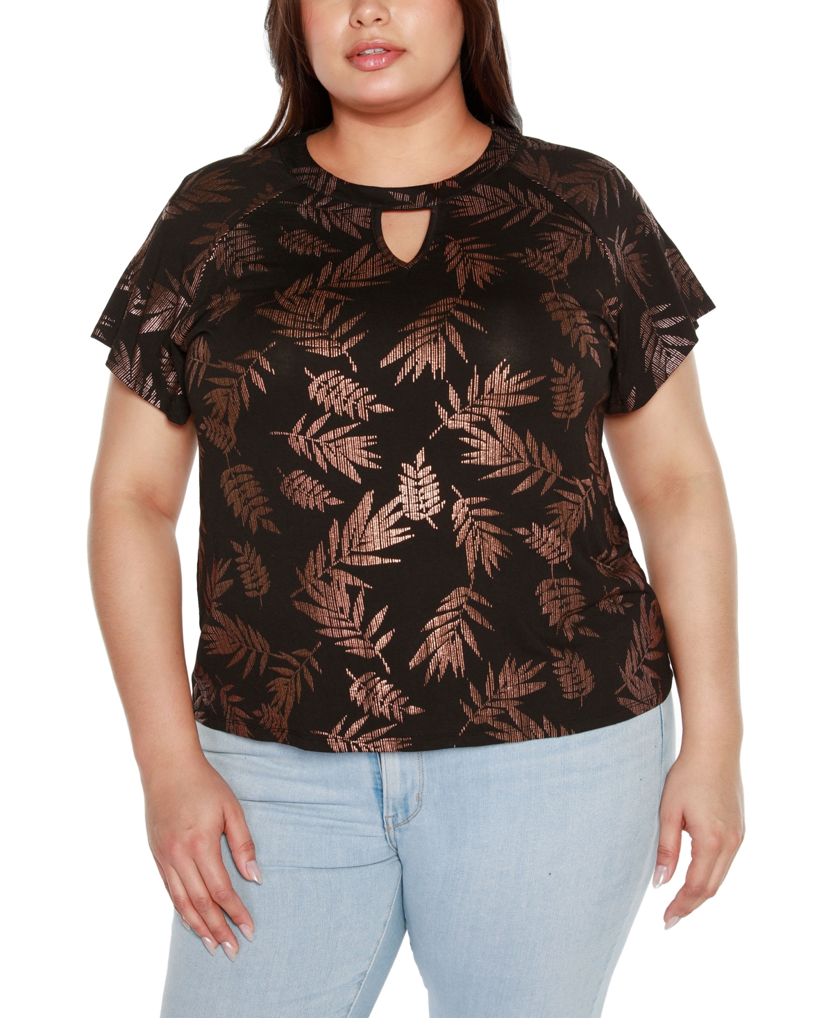 Belldini Plus Size Foil-printed Keyhole Top In Black Combo
