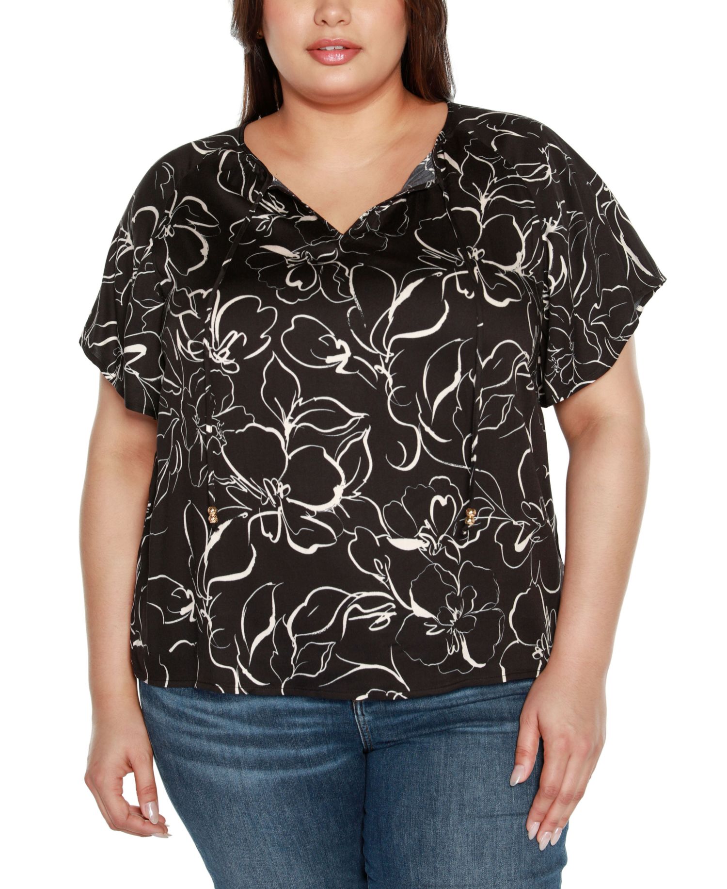 Black Label Plus Size Embellished Tie Neck Flutter Sleeve Top