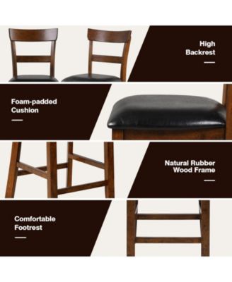 2 Pieces Counter Height Chair Set with Leather Seat and Rubber Wood Legs