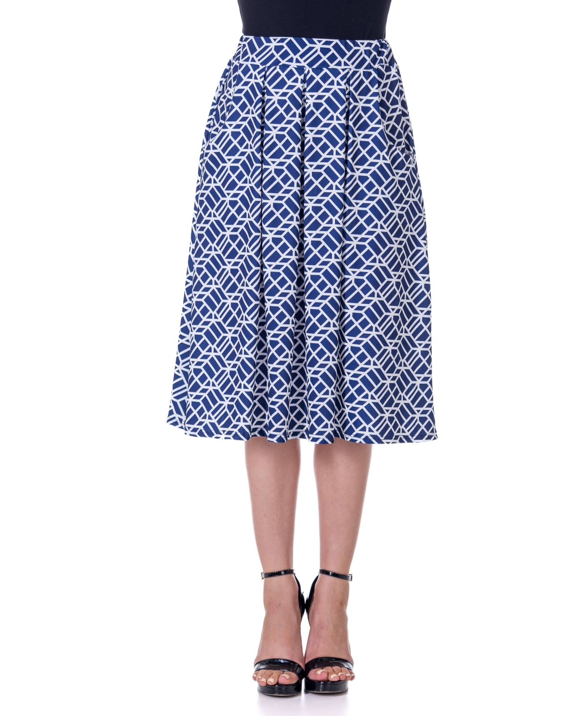 Shop 24seven Comfort Apparel Navy Print Elastic Waist Pleated Knee Length Pocket Skirt In Miscellane