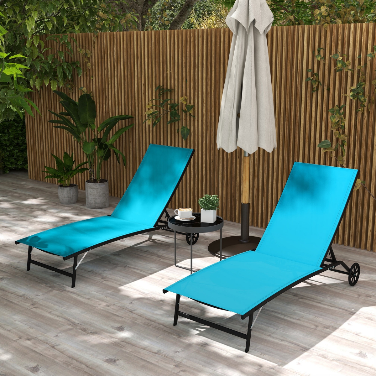 Outsunny Chaise Lounge Chair Patio Lounger with Two Wheels Set of 2 Dark- Blue