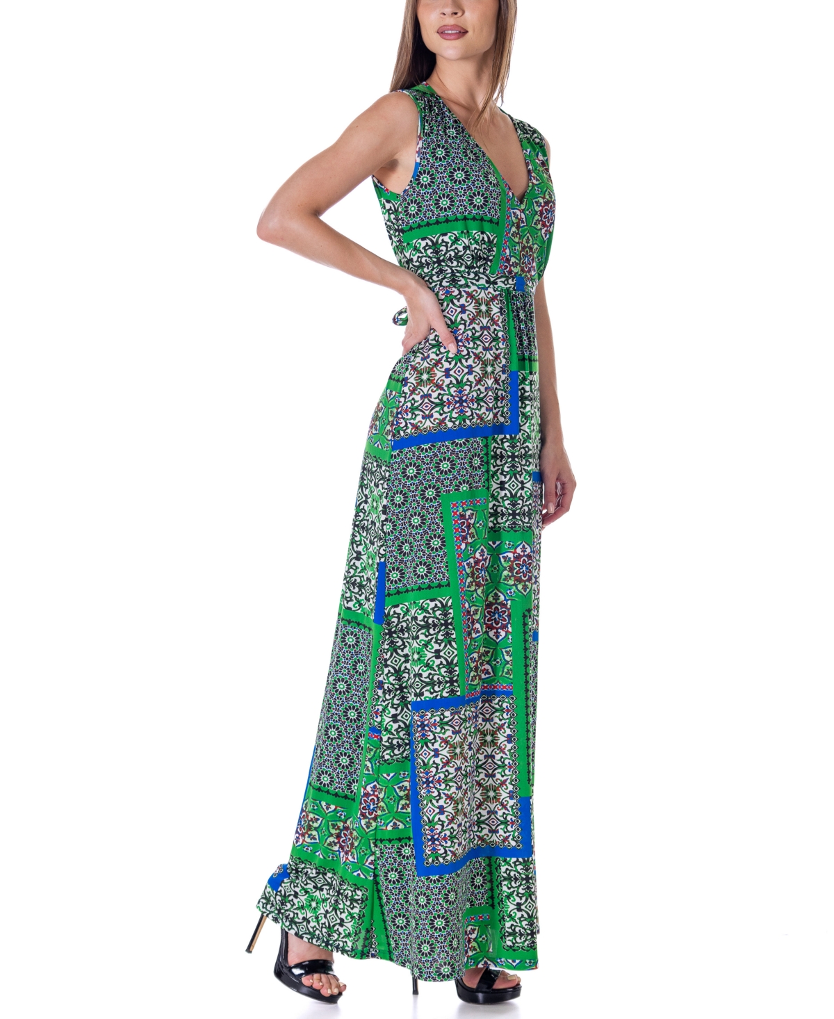 Shop 24seven Comfort Apparel Green V Neck Empire Waist Sleeveless Maxi Dress In Miscellane