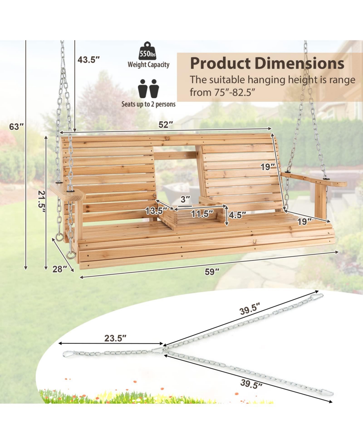 Sugift 5 Feet Porch Swing Chair with Adjustable Chains and Foldable Cup Holders