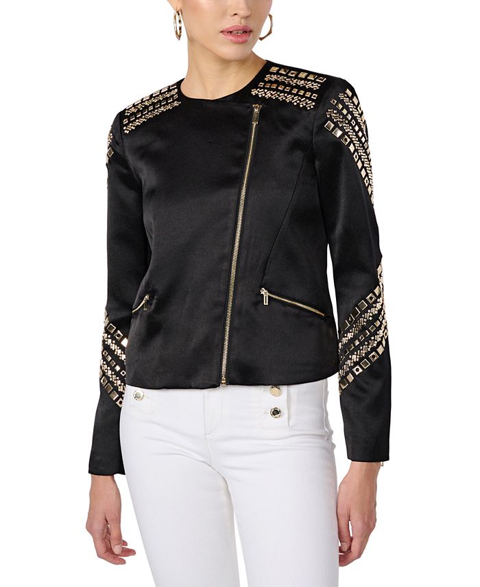 KARL LAGERFELD PARIS Women's Studded Zipper Jacket - Macy's
