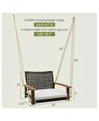 Single Rattan Porch Swing with Armrests Cushion and Hanging Ropes