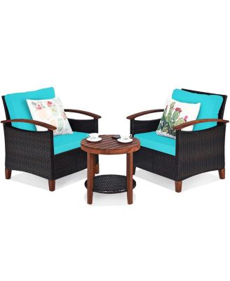 3 Pieces Patio Wicker Furniture Set with Washable Cushion and Acacia Wood Tabletop