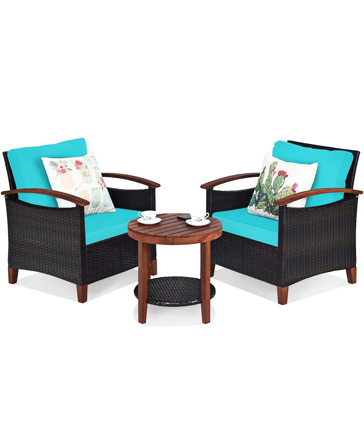 Sugift 3 Pieces Patio Wicker Furniture Set with Washable Cushion and Acacia Wood Tabletop
