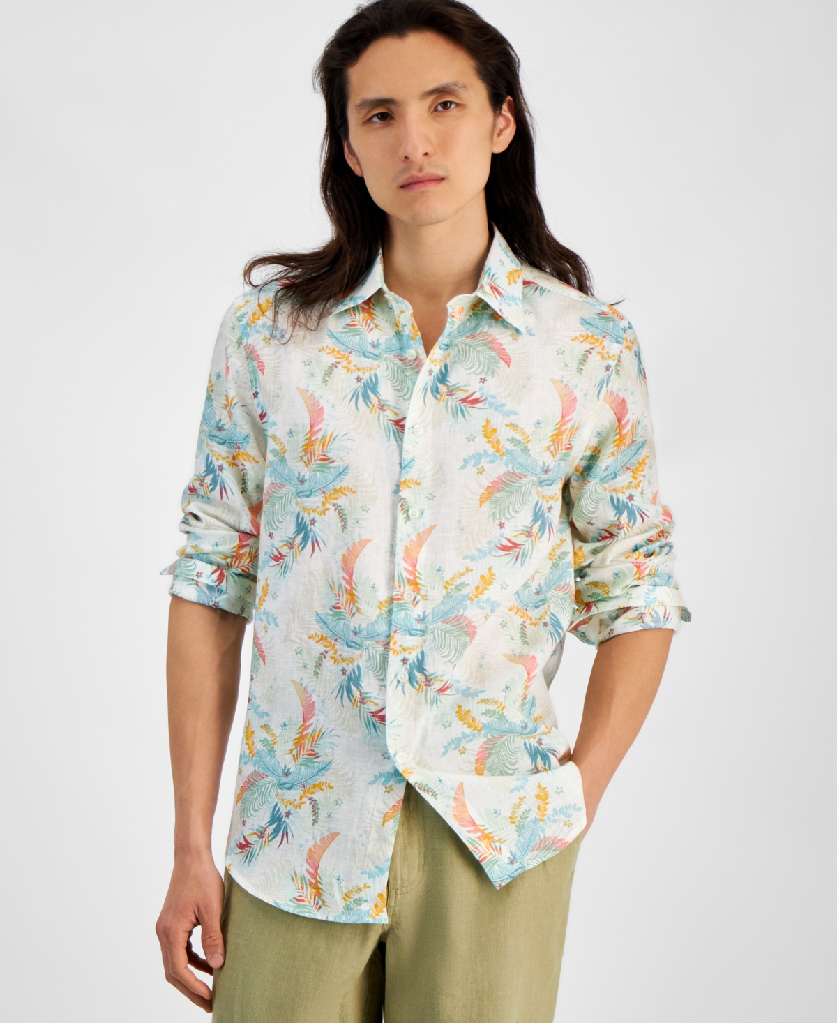 Men's Lula Regular-Fit Leaf-Print Button-Down Linen Shirt, Created for Macy's - Winter Ivory