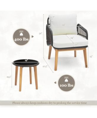 3 Pieces Patio Furniture Set with Cushioned Chairs and Tempered Glass Side Table