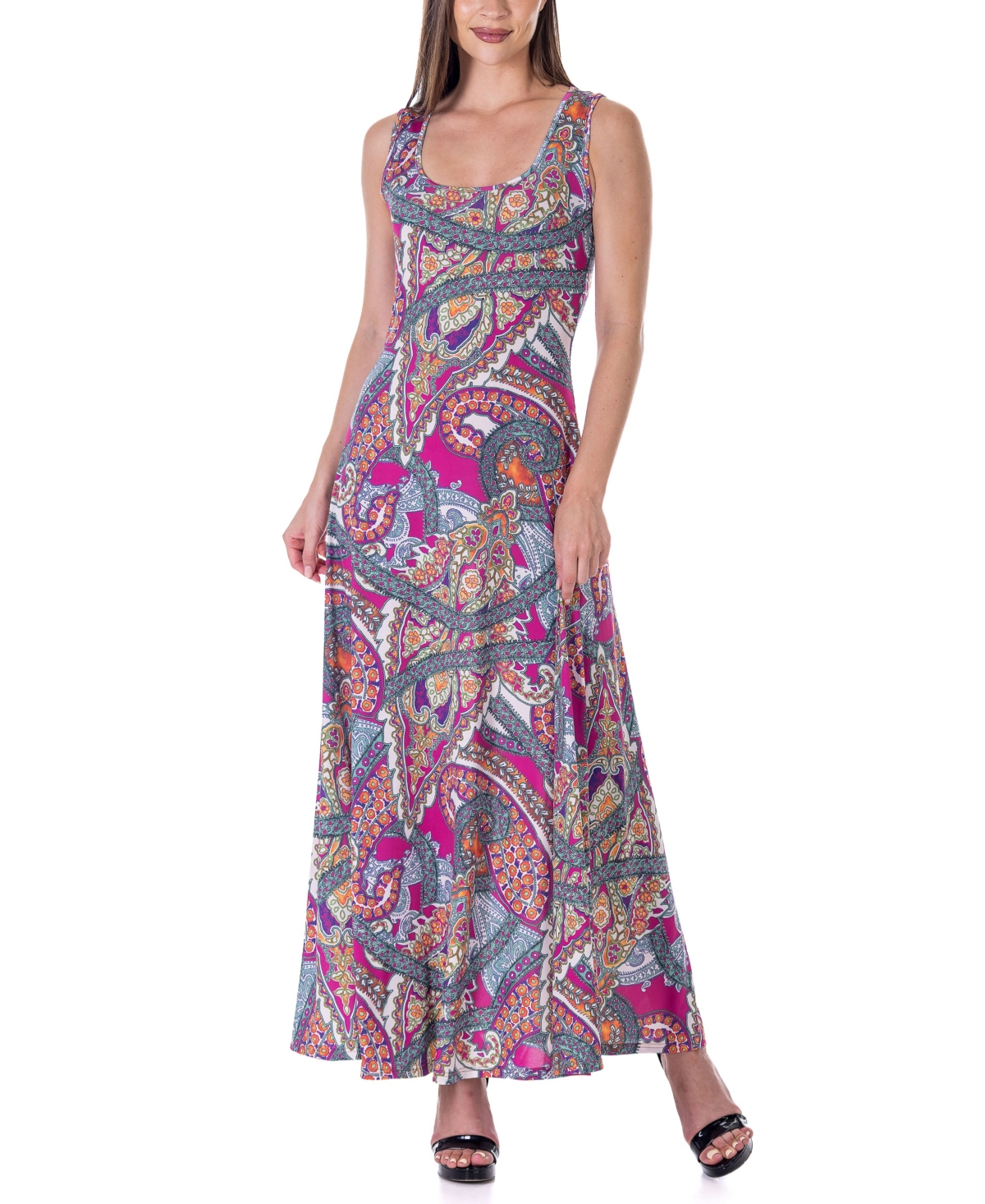 24seven Comfort Apparel Print Scoop Neck A Line Sleeveless Maxi Dress In Pink