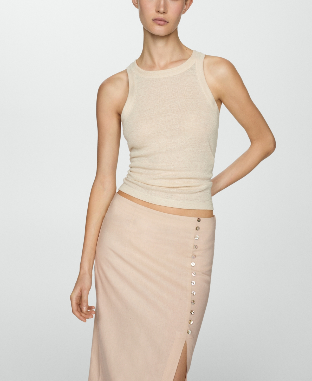 Shop Mango Women's Slit Detail Linen Skirt In Light Beige