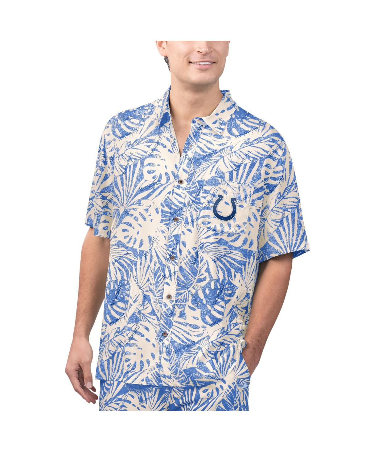 Men's Tan Indianapolis Colts Sand Washed Monstera Print Party Button-Up Shirt - Royal