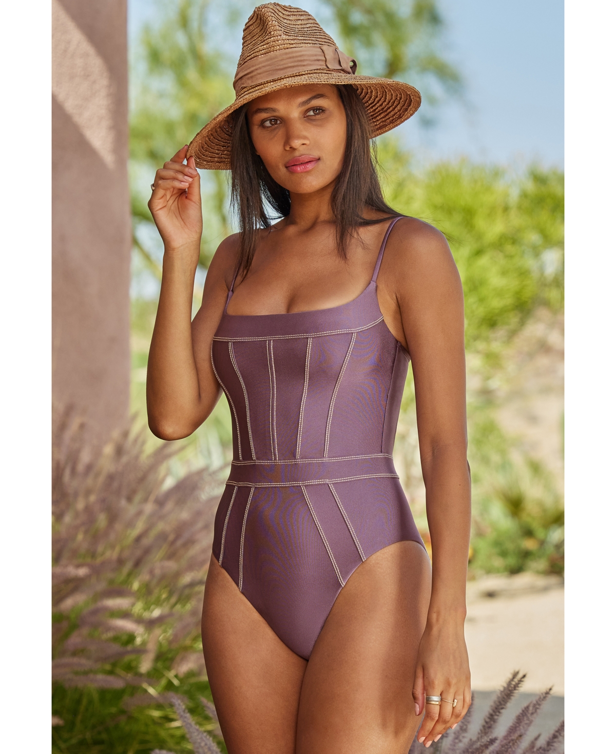 Shop Becca Women's Stretch-satin Seamed One-piece Swimsuit In Fig