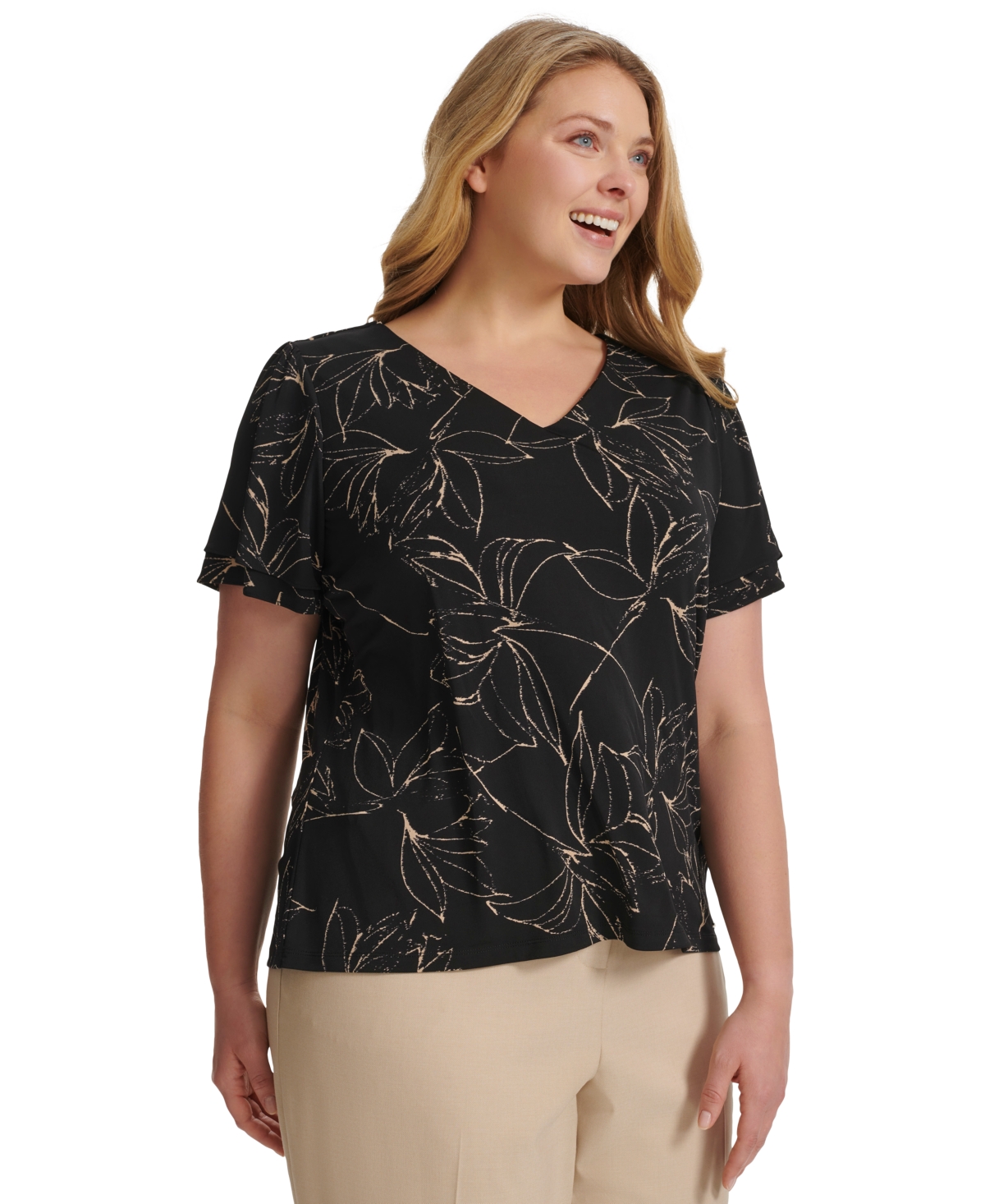 Shop Calvin Klein Plus Size Printed Flutter-sleeve Blouse In Black Latte