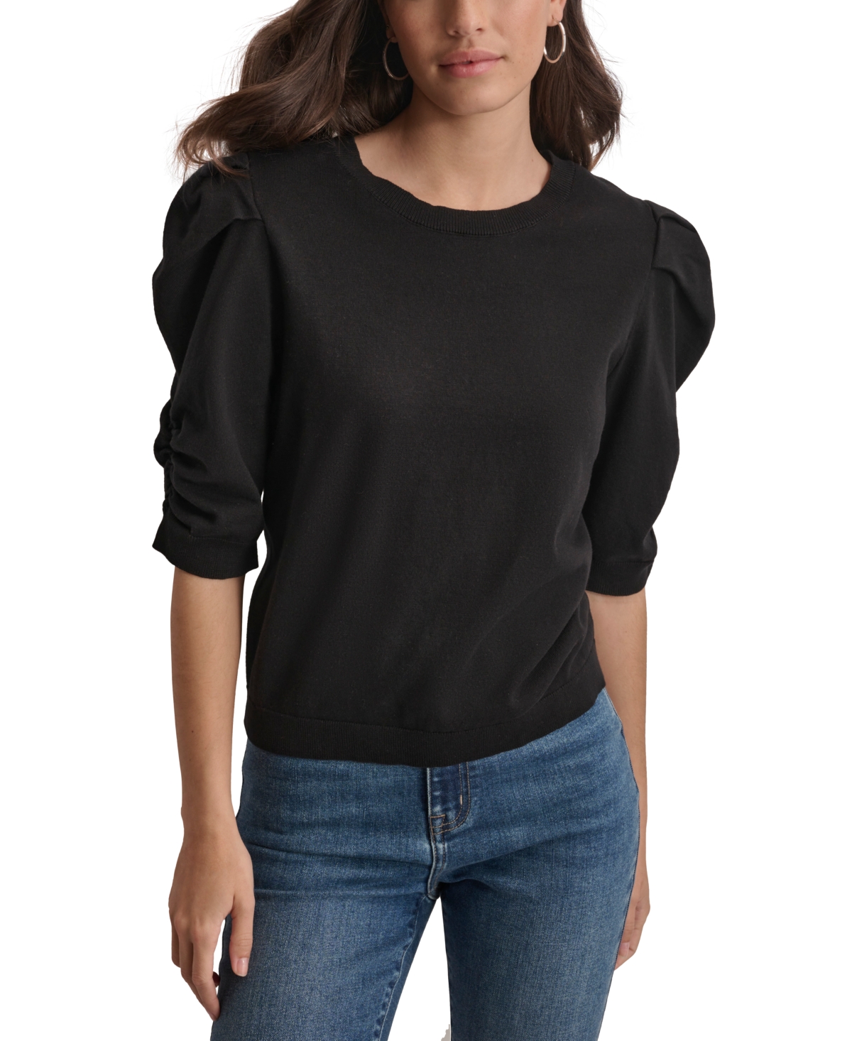 Women's Solid Puff-Sleeve Crewneck Sweater - Black