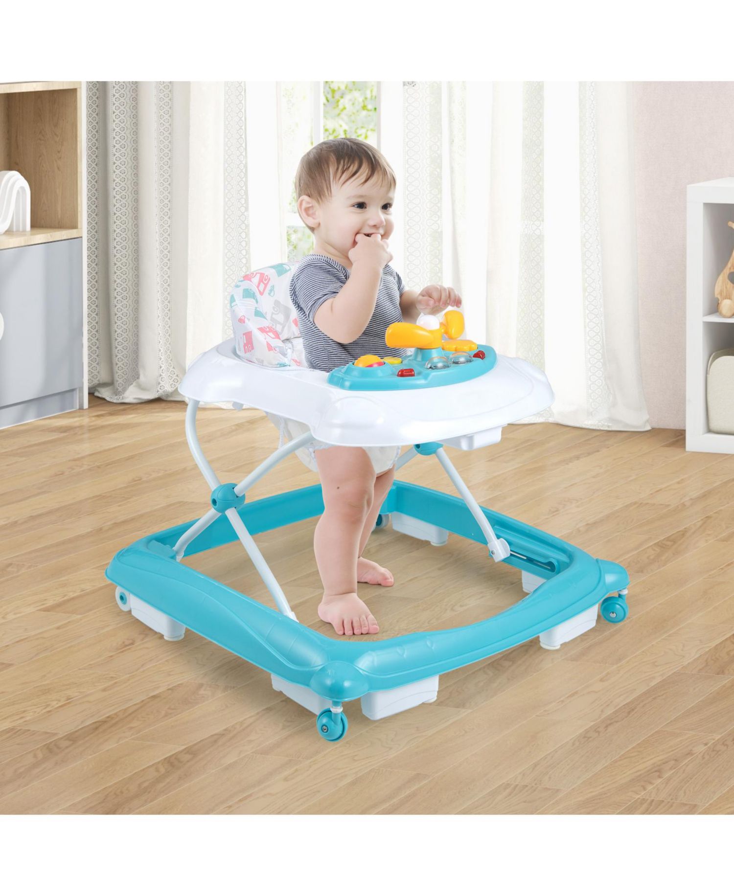 Adjustable Height Baby Walker with Foldable Design and Padded Seat
