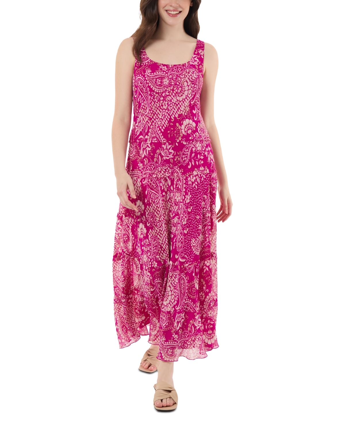 Women's Printed Tiered Sleeveless Dress - Bright Orchid