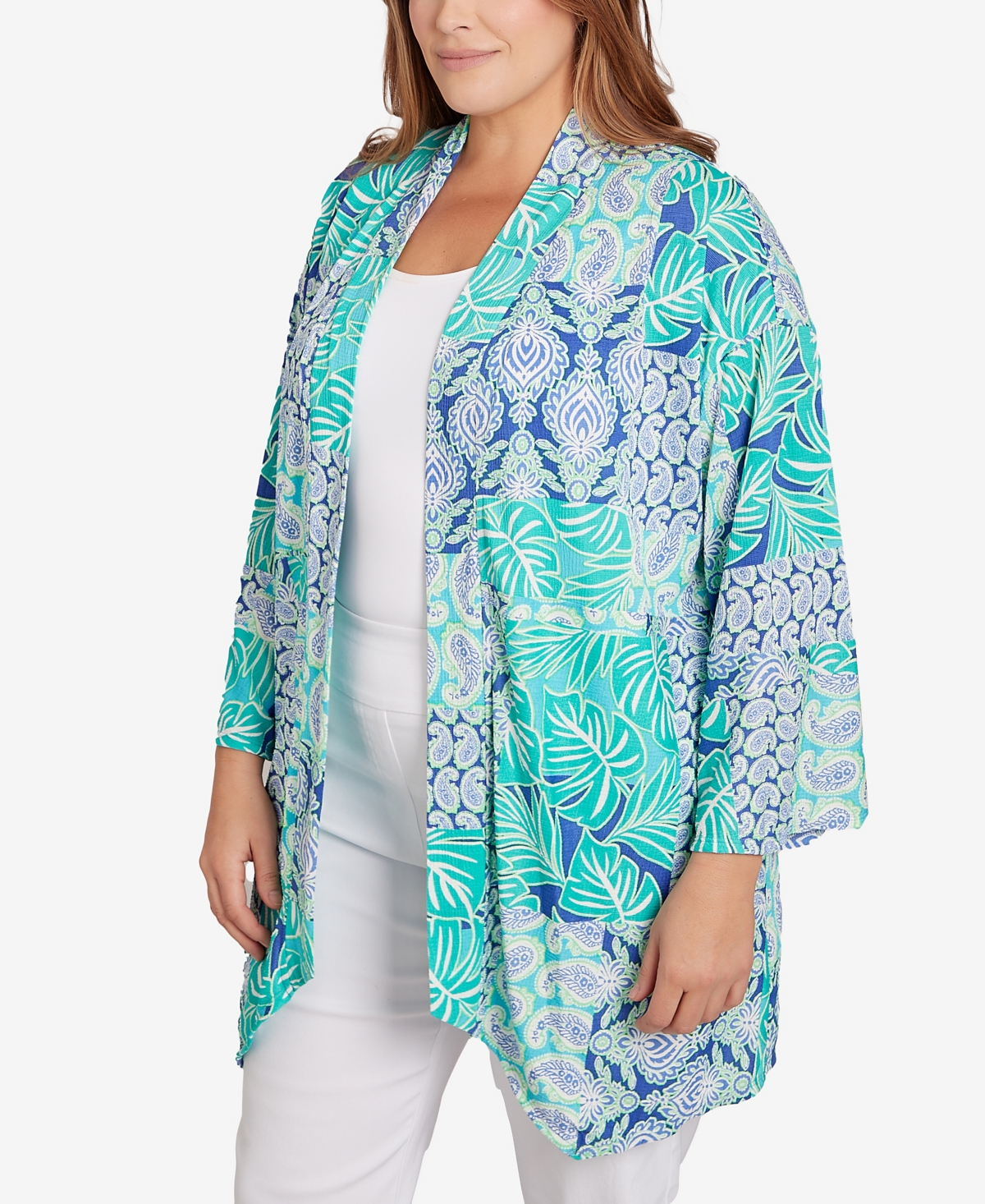 Shop Ruby Rd. Plus Size Bali Patchwork Knit Cardigan Top In Blue Moon Multi