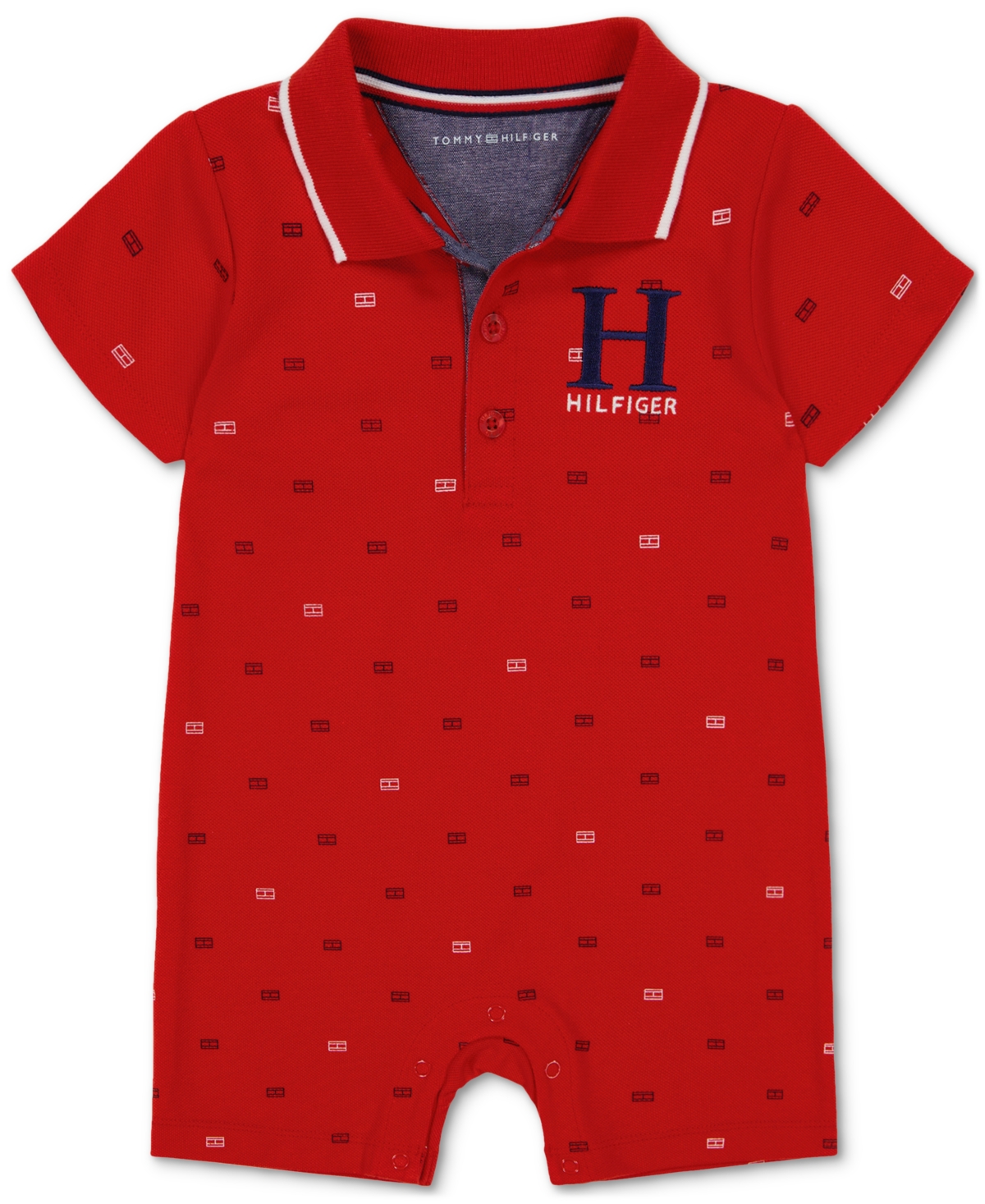 Shop Tommy Hilfiger Baby Boys Printed Pique Knit Polo Romper In Red
