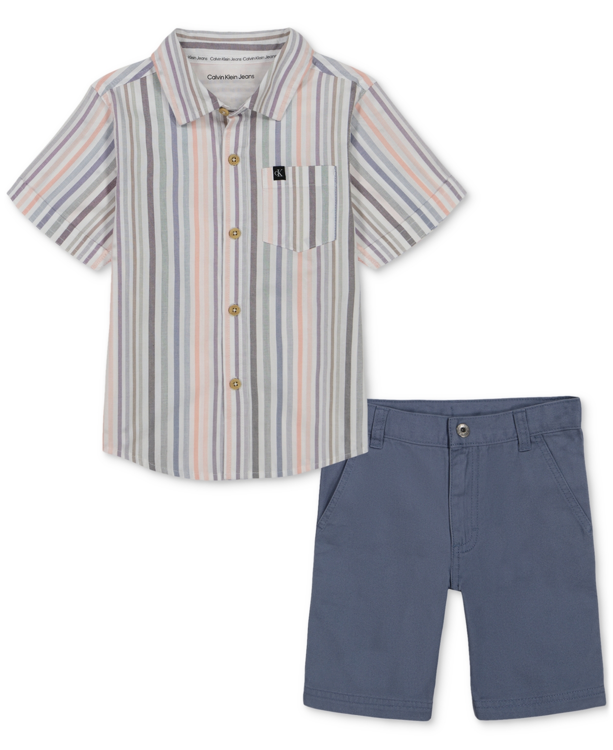 Shop Calvin Klein Baby Boys Cotton Striped Button-up Shirt & Twill Shorts, 2 Piece Set In Assorted