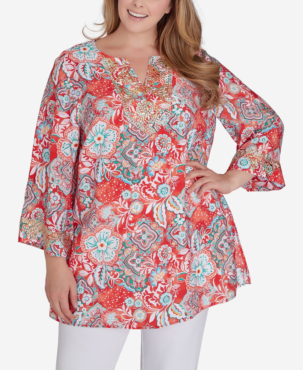 Ruby Rd. Plus Size Silky Floral Voile Top In Red