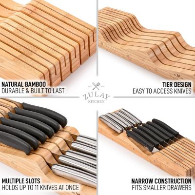 Bamboo Knife Drawer Organizer Insert - Edge-Protecting Knife Organizer Block Holds Up To 11 Knives