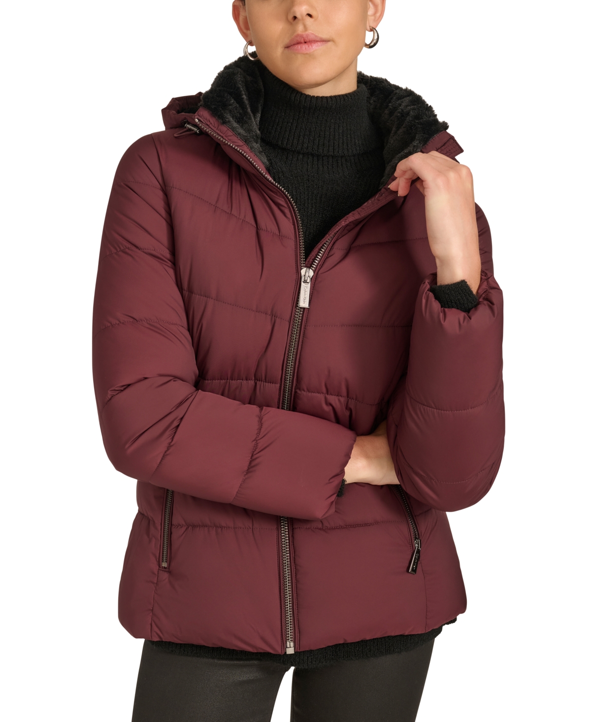 Women's Faux-Fur-Lined Hooded Puffer Coat - Black
