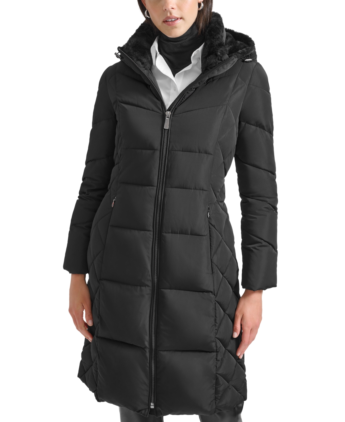 Calvin Klein Women s Diamond Quilted Side Belted Hooded Puffer Coat Black Smart Closet