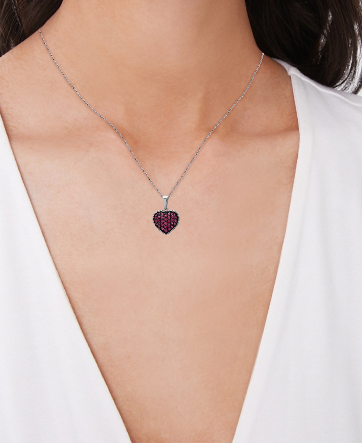 MACY'S LAB GROWN RUBY HEART CLUSTER 18" PENDANT NECKLACE (7/8 CT. T.W.) IN STERLING SILVER 