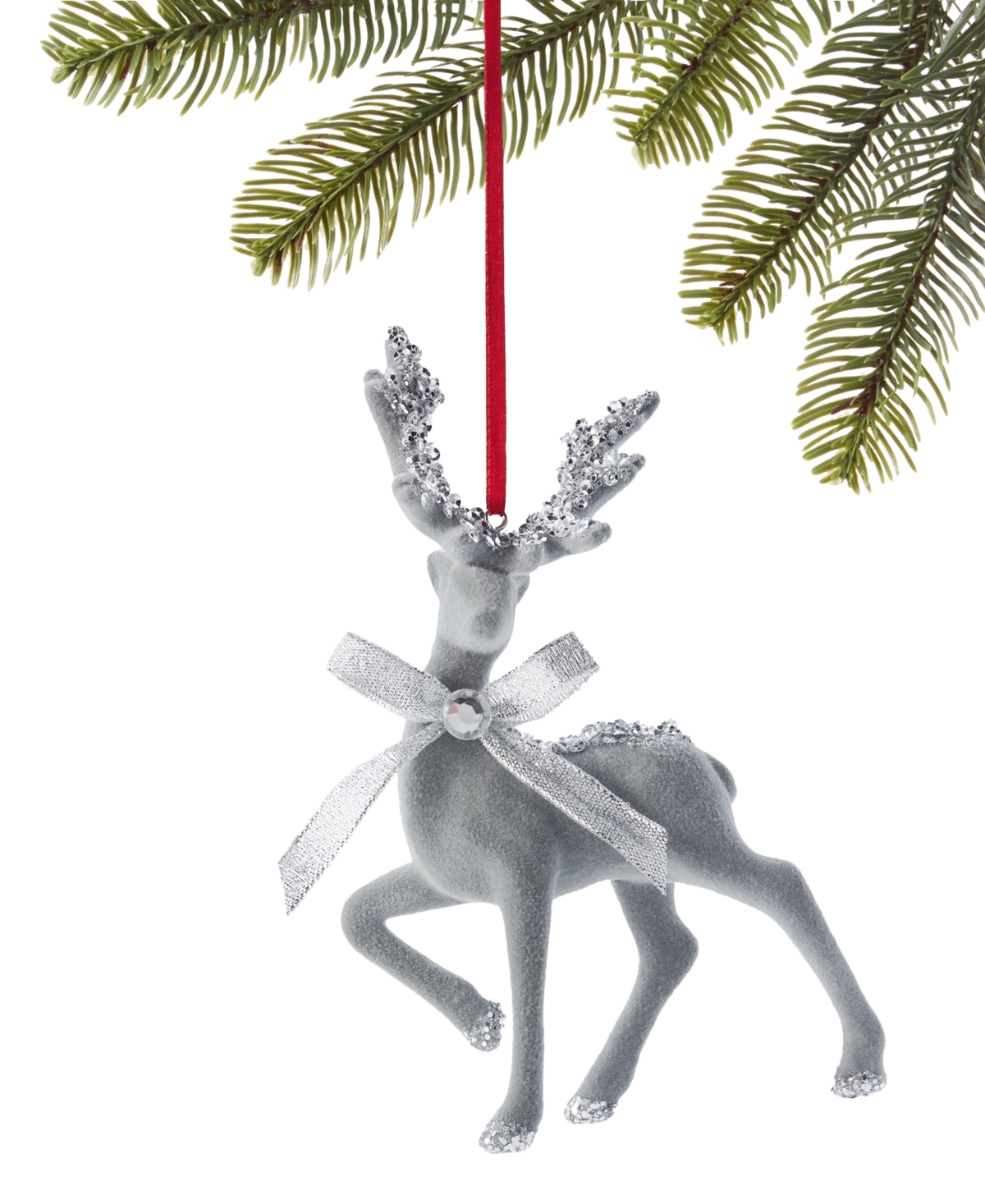 Holiday Lane Jeweled Elegance Sliver Glitter Deer with Bow Ornament, Exclusively at Macy's