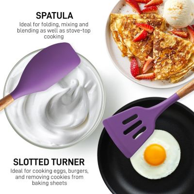 5 Piece Silicone Utensils Set with Authentic Acacia Wood Handles